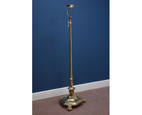 20th century brass standard lamp, hexagonal platform base with three claw feet, H140cm (This item is PAT tested - 5 day warra
