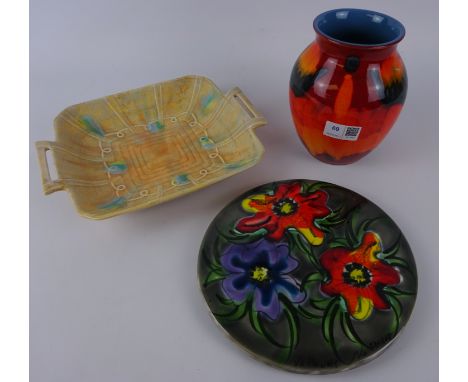 Poole pottery vase, Beswick twin handled dish and a hand decorated plate (3)   Condition Report   Click here for further imag