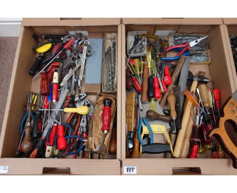 Quantity of various tools including - screwdrivers, saws, plyers, hammers etc... in four boxes   Condition Report   Click her
