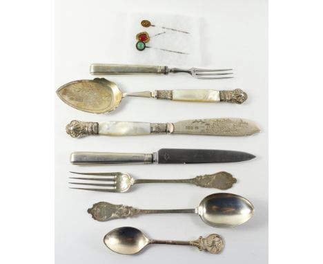 Pair of silver fish servers with mother of pearl handles Sheffield 1900, christening spoon and fork, other flatware; ruby sti