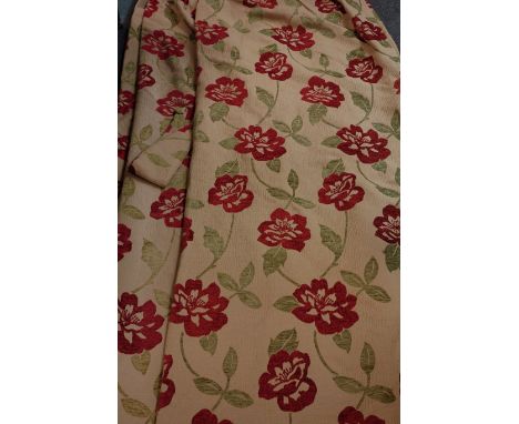 Pair lined curtains, gold with red and green floral decoration, W160cm, Drop - 225cm   Condition Report   Click here for furt