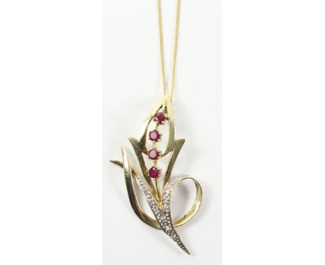 Ruby and diamond flower pendant stamped 9K on chain stamped 925   Condition Report   Click here for further images, condition