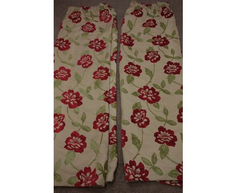 Pair lined curtains, gold with red and green floral decoration, W210cm, Drop - 180cm   Condition Report   Click here for furt