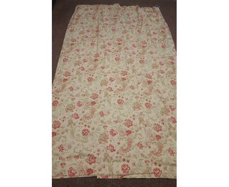 Two pairs line curtains, pale gold with floral pattern, W190cm, Drop - 260cm & W250cm, Drop 295cm   Condition Report   Click 