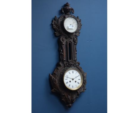 Victorian clock and barometer set in Coalbrookdale ornate cast iron case with oak leaf decoration, stamped 13, H66cm CLOCKS &