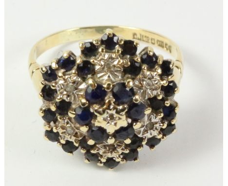 Diamond and sapphire cluster gold ring hallmarked 9ct   Condition Report   Click here for further images, condition, auction 