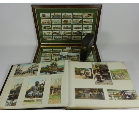 Early 20th Century lacquered Japanese photo album with related postcards, leather pictures and postcards box with 19th Centur