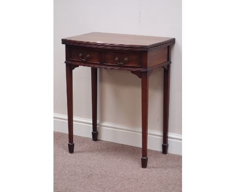 Small reproduction mahogany card table with fold over top, two drawers, W56cm, H69cm, D38cm   Condition Report   Click here f