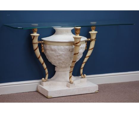 Italian style cream and gilt urn base console table, W140cm, H76cm, D41cm   Condition Report   Click here for further images,