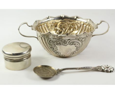 Asprey London hallmarked silver pill box with gilt interior, Scarborough & District Motor Club trials spoon 1927 and a silver
