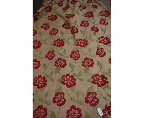 Pair lined curtains, gold with red and green floral decoration, W210cm, Drop - 225cm   Condition Report   Click here for furt