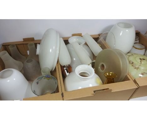 Two light fittings and a collection of Vintage and other shades in three boxes   Condition Report   Click here for further im