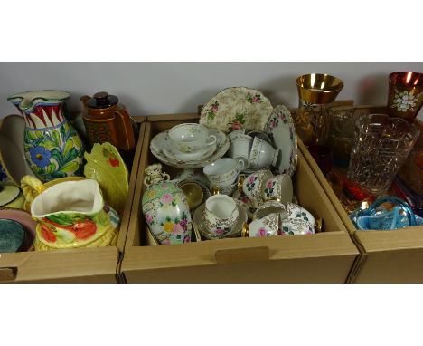 Elizabeth Radford pottery bowl, Maling bowl, stick stand and jardiniere, 18th/19th Century ale glasses, vaseline glass basket