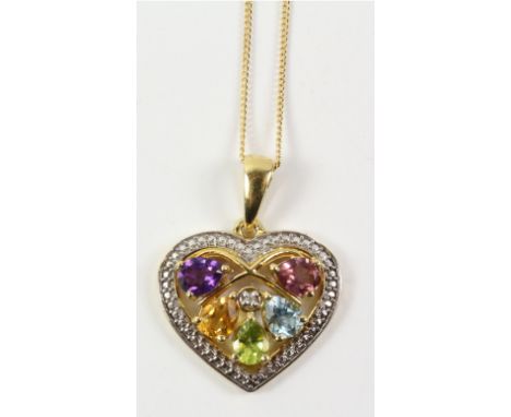 Heart shaped pendant and matching ring set with amethyst, garnet, citrine, topaz and peridot both stamped 925   Condition Rep