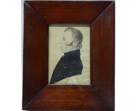 Bust Portrait of a Gentleman, 19th century pen and watercolour miniature unsigned 9cm x 6cm in rosewood frame   Condition Rep