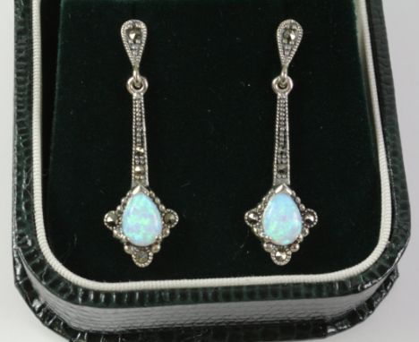 Pair of opal and marcasite pendant ear-rings stamped 925   Condition Report   Click here for further images, condition, aucti