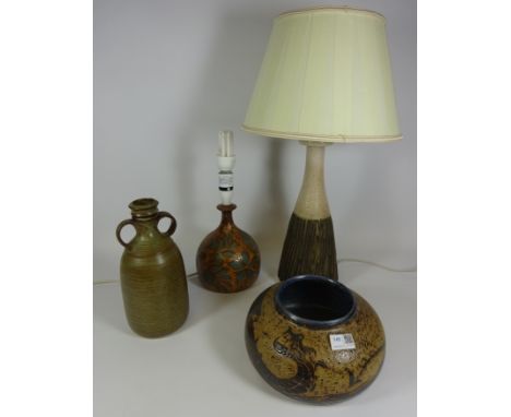 Squat vase decorated with a dragon, Poole pottery lamp, studio pottery lamp stamped JE and a bottle by the same maker    Cond