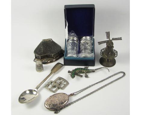 Hallmarked silver locket on chain necklace, spoon and thimble; stone set lizard brooch stamped 925, novelty house spice tower