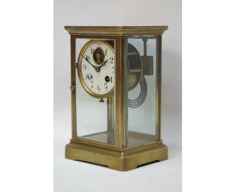 Mid 19th century brass and bevel glazed mantel clock, French twin train movement chiming on coil, exposed platform escapement