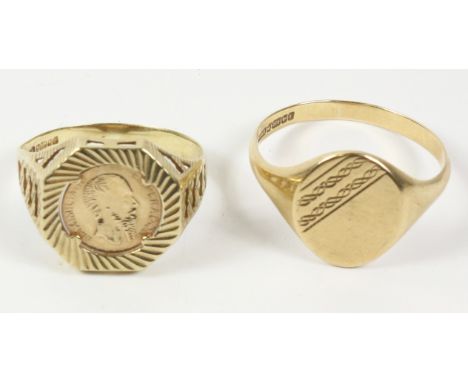 Hallmarked 9ct gold ring set a Mexican wedding coin and a hallmarked 9ct gold signet ring   Condition Report   Click here for