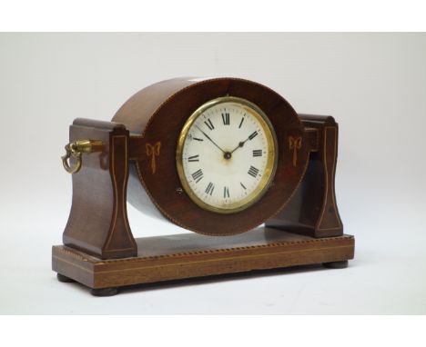 Early 20th century inlaid mahogany mantel clock, barrel movement stamped with lion trademark for 'Duverdrey & Bloquel', H17cm