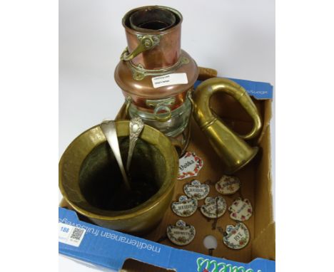 Copper ships lamp, brass car horn, solid brass jug, Staffordshire and other decanter labels etc    Condition Report   Click h