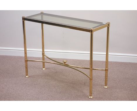 Metal console table with smoked glass top, W101cm, H79cm, D37cm   Condition Report   Click here for further images, condition