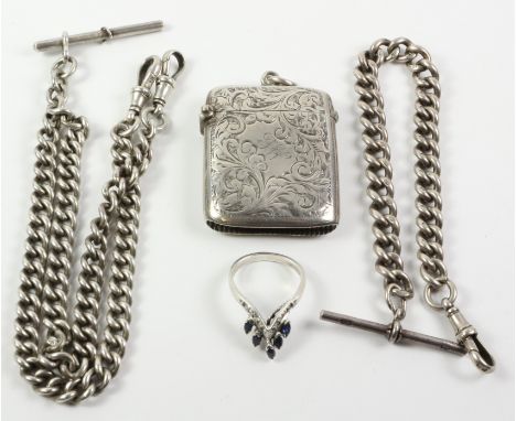 Victorian silver double and single watch chains, a vesta and a silver sapphire set ring approx 3.9oz   Condition Report   Cli