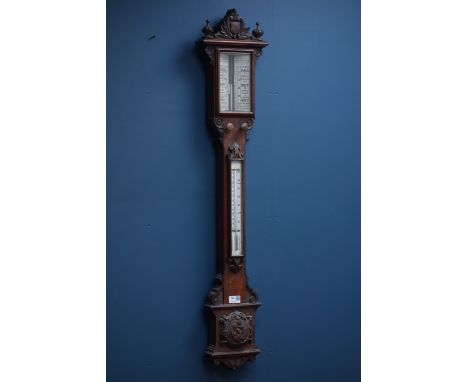 Victorian carved oak barometer by 'W. Sugg & Co Ltd Westminster', mercury barometer and thermometer, H114cm CLOCKS & BAROMETE