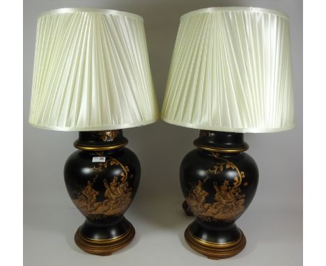 Pair of large ceramic table lamps with gilt decoration  (This item is PAT tested - 5 day warranty from date of sale)   Condit