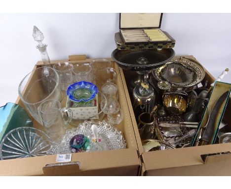 Victorian and later silver plate, Victorian glass bon bon dish, paperweight, cased cutlery sets, glass decanter, other glassw