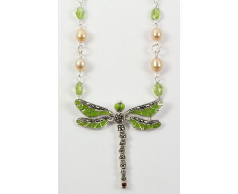 Dragonfly enamel pearl and marcasite necklace stamped 925   Condition Report   Click here for further images, condition, auct