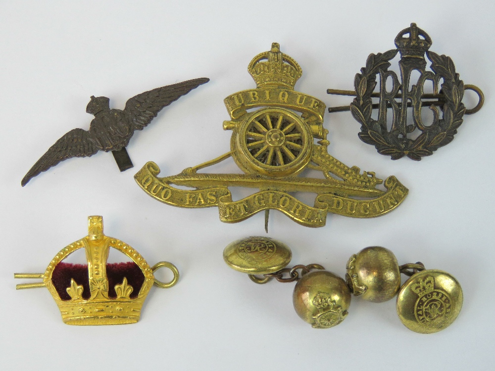 Two Royal flying Corps badges, Royal Artillery brass badge and a pair ...