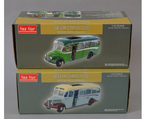 Two boxed  Sunstar 1:24 scale Bedford OB Coaches, 5007 Southdown Motor Services and 5006 Grey Cars Ltd.. Both models come com