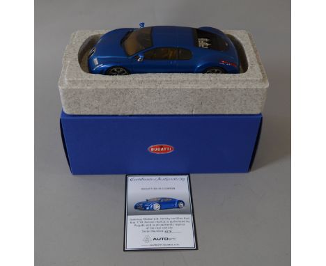 A boxed AUTOart 1:18 scale Bugatti EB 18.3 Chiron in blue complete with Certificate of Authenticity bearing the serial number