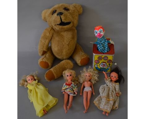 Four Pedigree Sindy dolls, P-G. Together with one other fashion doll, a large teddy bear and a Mattel Jack-in-the-Box, P-F.