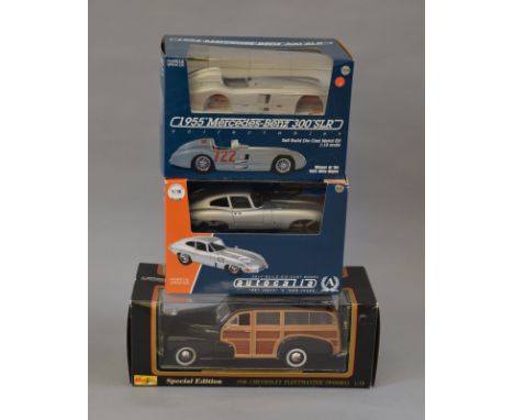 2 X Bburago 1:18 scale Diecast metal kits and 1 X Maisto 1:18 scale Special Edition Chevrolet Fleetmaster (Woody) 