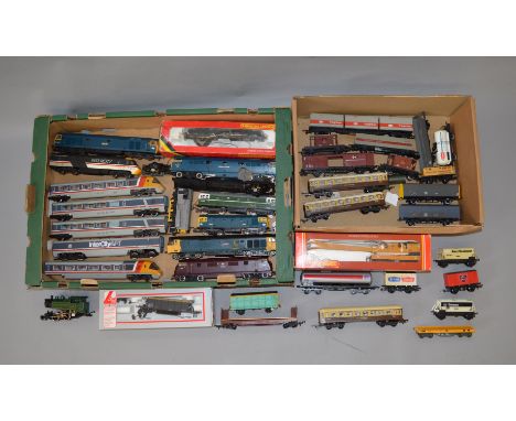 00 Gauge. 8 x locos. 1 x APT set (missing pantograph). 1 x HST Dummy car, loco spares together with 20 rolling stock 
