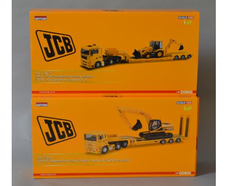 Two Corgi 1:50 scale 'JCB' Truck Sets -  MAN TGA Nooteboom Low Loader with JCB Backhoe Loader 3CX, mirrors present (bagged) a