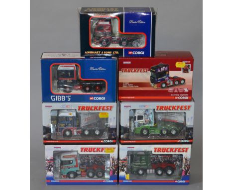 Seven boxed Corgi 1:50 scale limited edition Tractor Units, CC13244 DAF 'R. Flynn', CC15203 MAN 'Robert Laidlaw' and CC13728 