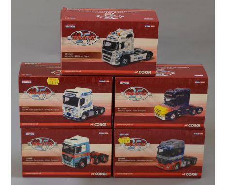 Five boxed Corgi 1:50 scale limited edition Tractor Units, CC13238 DAF 'Tinnelly', CC12820 Scania 'Coles',  CC13523 Volvo 'Fi