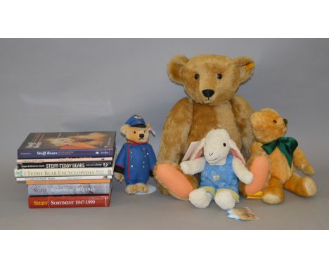 Two Steiff bears, 60cm, and  24cm approx, a 32cm Steiff Lamb and another bear, manufacturer unknown, all appear generally G+/