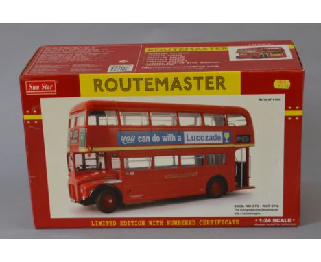 A boxed  Sunstar Routemaster Bus 2908 'RM870 The First Production Leyland Routemaster' in red, complete with limited edition 