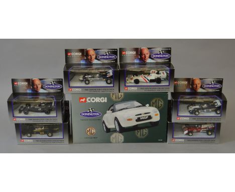 Corgi Donnington collection 1:18 scale MGF VG wing mirrors present in packet, together with 6 smaller scale racing cars, all 