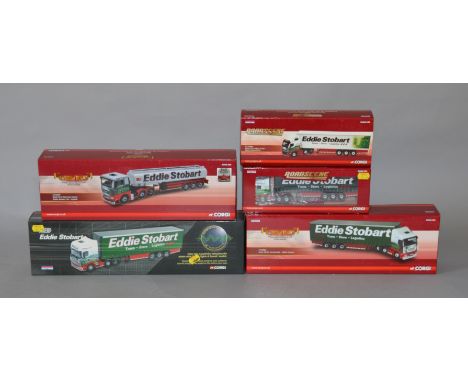 Five boxed Corgi Eddie Stobart trucks, three of which are 1:50 scale - CC15207 MAN, CC15002 Iveco both of which have mirrors 