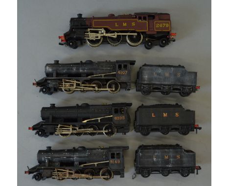 OO Gauge. Hornby Dublo & Wrenn. 4 x locomotives. 3 x weathered LMS 8F 0-8-0 freight locomotives & LMS 2-6-4 tank engine. Over