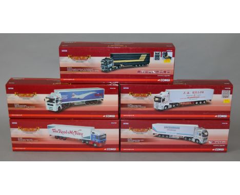 Five boxed Corgi Hauliers of Renown 1:50 scale limited edition trucks, CC13915 Foden 'J.A. Killoh', CC13734 Scania  'John Hul