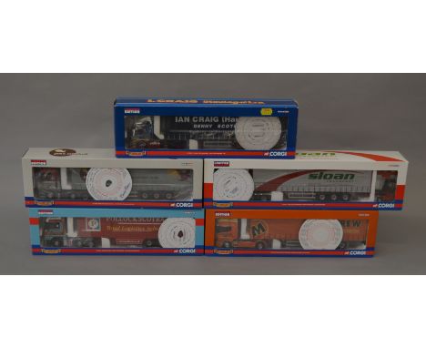 Five boxed Corgi Hauliers of Renown 1:50 scale limited edition trucks, CC13421 MAN 'Sloan Transport', CC12926  Scania 'Mulgre