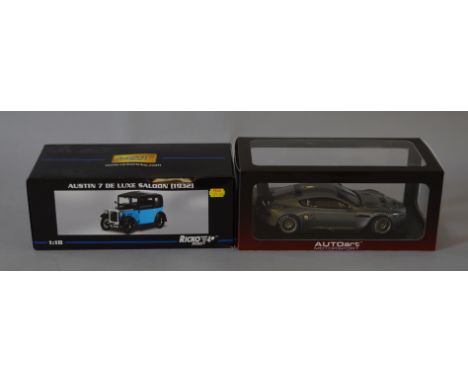 Two boxed 1:18 scale diecast models - an Autoart Aston Martin DB9R 24hrs LeMans 2005 (plain body version) in silver, appears 