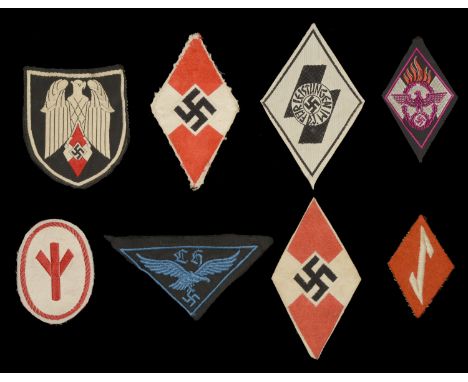 German Second World War Hitler Youth Insignia. Comprising a single Bevo woven Hitler Youth standard-bearer’s arm shield, shie